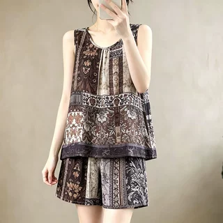棉绸无袖睡衣套装女薄款透气背心短裤妈妈夏宽松休闲家居服可外穿
