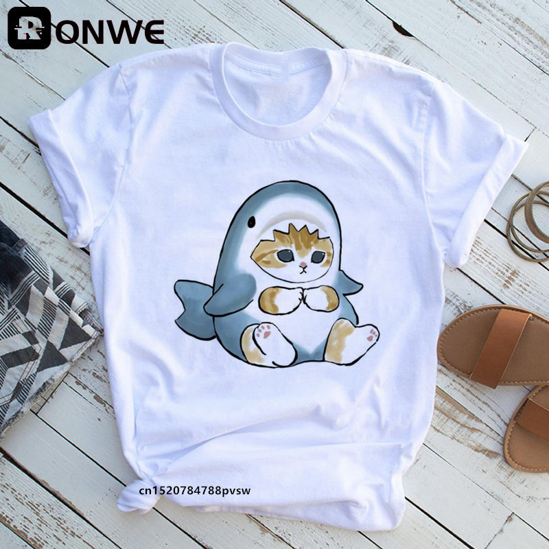 White T-shirt cute cat shark cartoon printed short sleeve European and American style cross-border new T-shirt plus size
