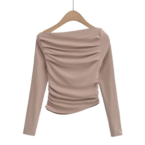 Women's Autumn Sweet and Spicy Instagram Slope-Shoulder Base Shirt Slim Folded Long-Sleeve Short T-Shirt