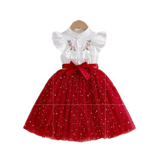 Ls00094 Cross-Border Girls' Children's Clothing Wholesale Flower Embroidered Flying Sleeves and Sequined Mesh Dress with Belt