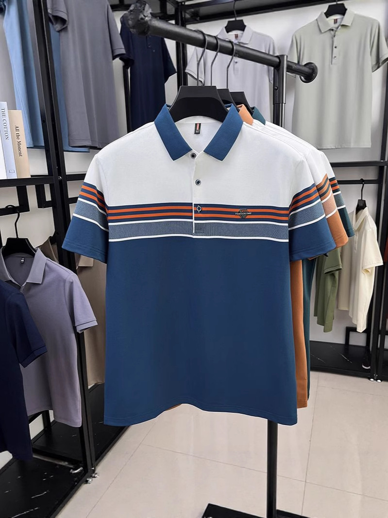 2025 New Summer Business Casual Yarn-Dyed Polo Shirt Short-Sleeved Wide Stripesd Lapel Short-Sleeved T-Shirt Daddy Wear