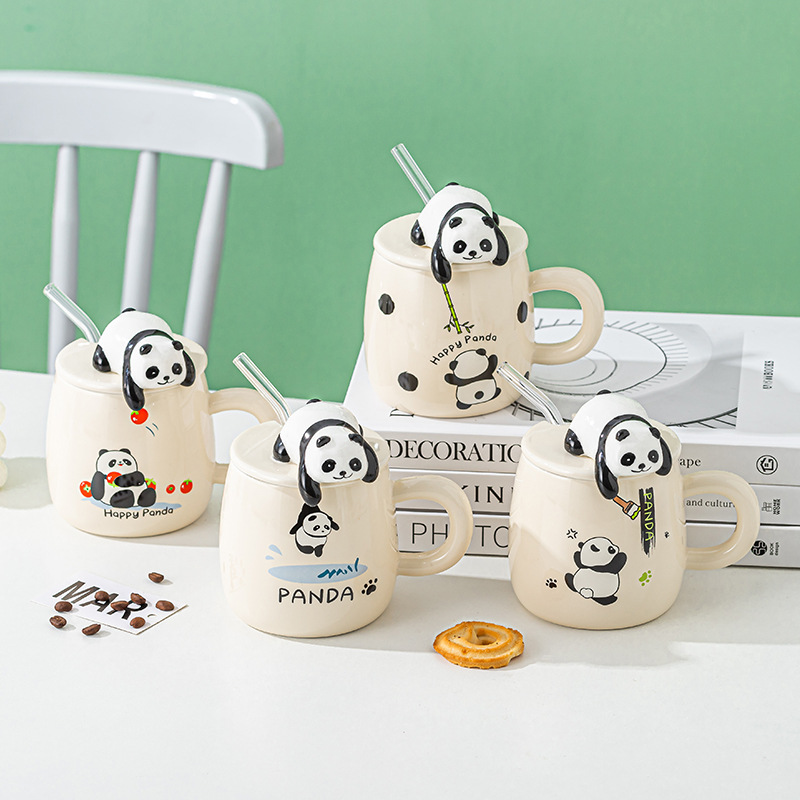 Embossed Bear Cup with straw creative large capacity mug drinking cup household simple ceramic cup gift