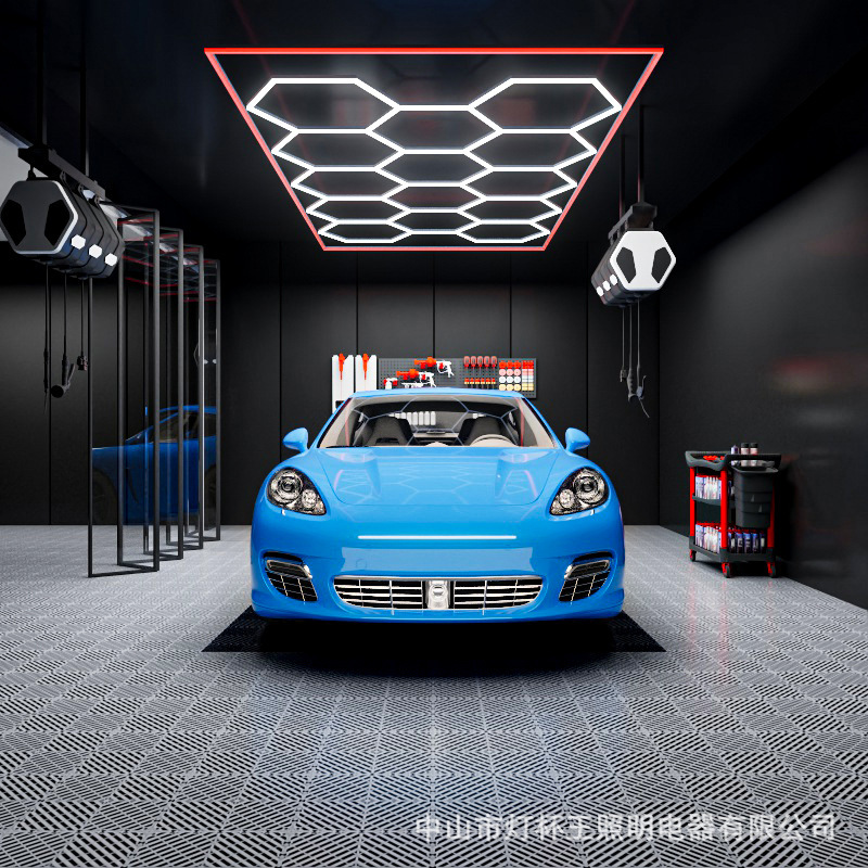 Garaje hexagonal transfronterizo automóvil de belleza estación de trabajo lámpara de oficina sala de exposiciones película de polvo impermeable lavado de automóviles lámpara de panal