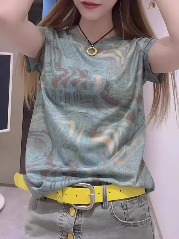 ラウンドネック、右肩、高級ブルーのブルーブルーミング半袖Tシャツ、女性用2025夏の新しいスタイル、年齢を減らすスリムトップ|undefined