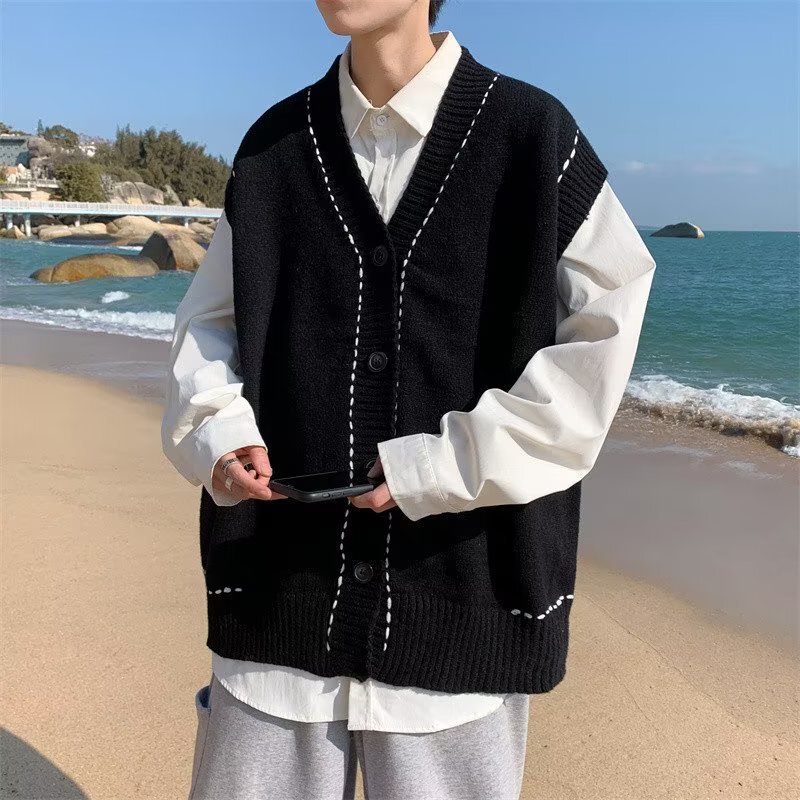 Autumn and winter American retro loose fashion brand Hong Kong style black sweater vest outer sweater men's couple suit fashion