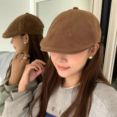 美式复古前进帽女秋冬季棕色贝雷帽旅游画家帽子时尚百搭报童帽