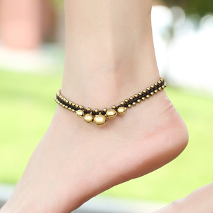 Bohemian ethnic style turquoise water drop copper bell pendant anklet freshwater pearl double-layer beaded women's anklet