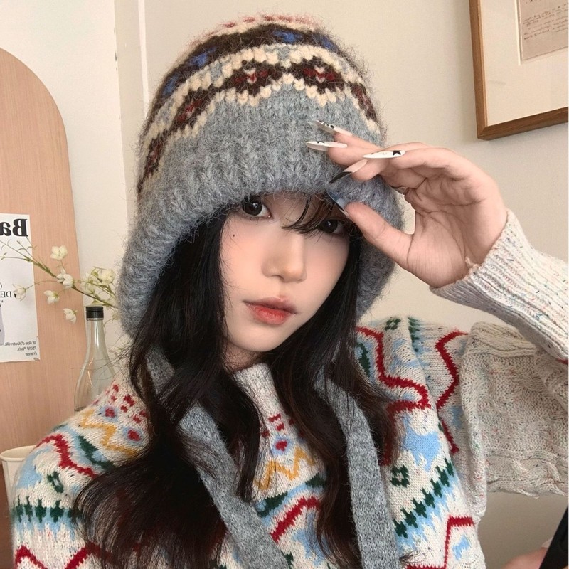 秋冬保暖费尔岛风毛线帽子女复古提花针织帽百搭显脸小护耳雷锋帽|undefined