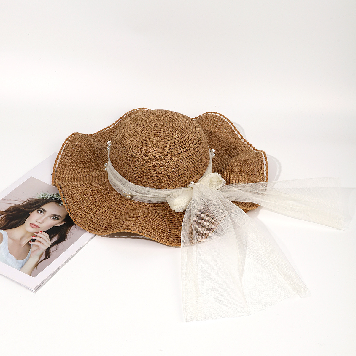 Sombrero de paja de viaje de verano flor sombrero de playa protección solar sombrero de sol ala grande paja tejida a mano arco sombrero de sol