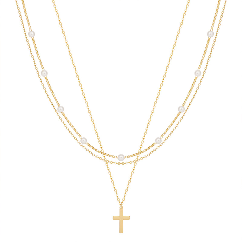 Luxury Light Copper Gold-Plated Necklace with Real Gold Cross Pearl Chain Clavicle Fashion Multi-Layered Choker_voghion.com