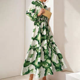Green casual dress绿色晕染印花收腰大摆长裙宽松灯笼袖气质长裙