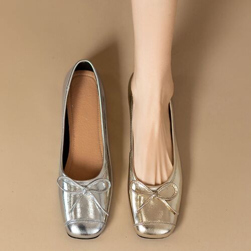 Spring and autumn bow flat silver single-layer shoes. 2025 popular square head and shallow mouth all-match chanel style shoes