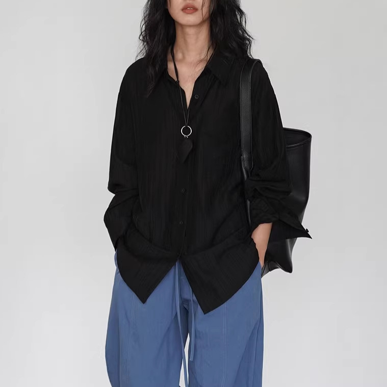 Eighthmonth Korean Style Lazy Style Black Loose Shirt for Women, Slimming Long-Sleeved Spring Versatile Outerwear Top Eighthmonth Korean Style Lazy Style Black Loose Shirt for Women, Slimming Long-Sleeved Spring Versatile Outerwear Top