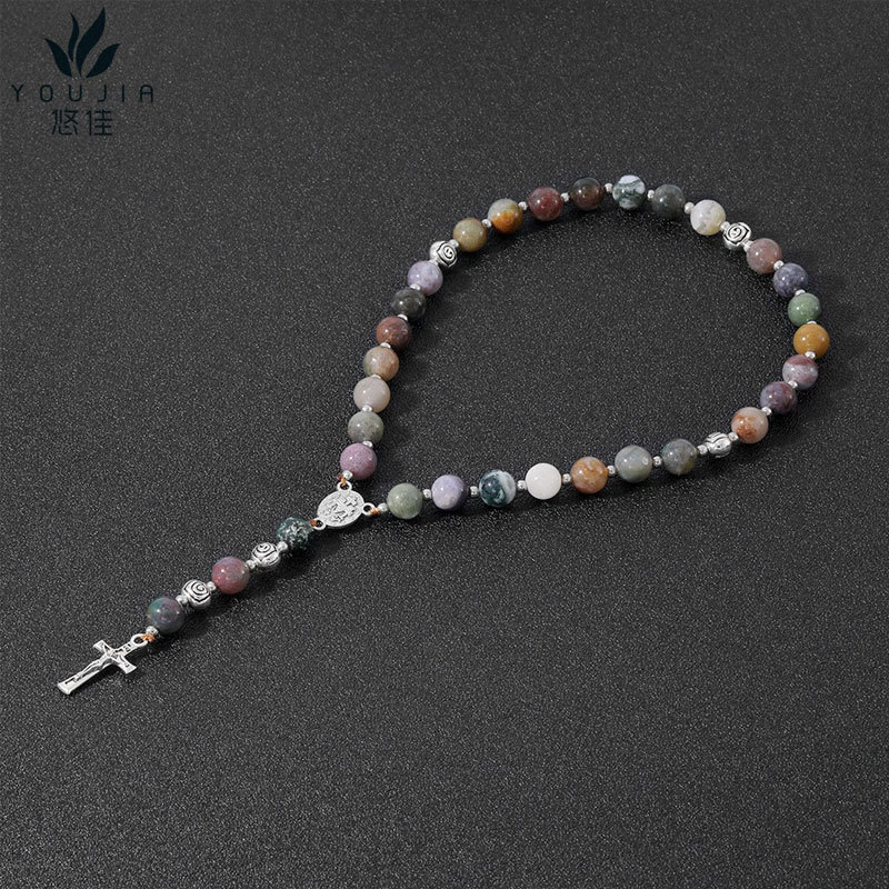 义乌手串批货天然印度玛瑙黑玛瑙念珠手链十字架饰品手工串珠配饰