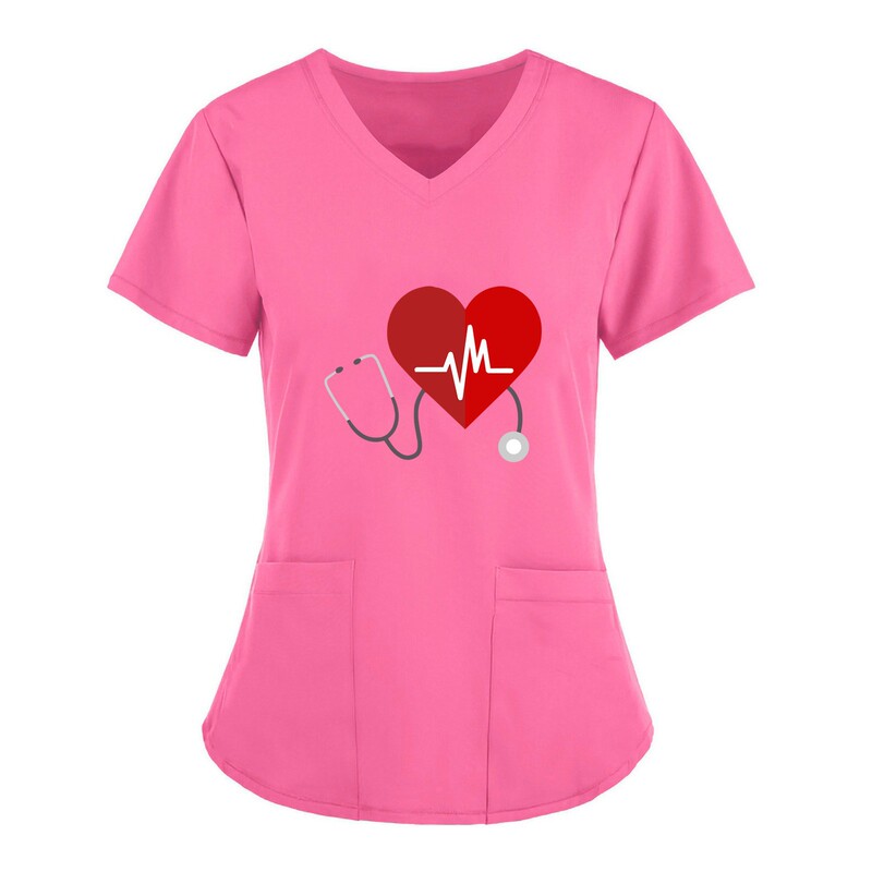Amazon WISH cross-border summer European and American nurse's frock printed shirt V-neck large pocket short sleeve t-shirt women's clothing