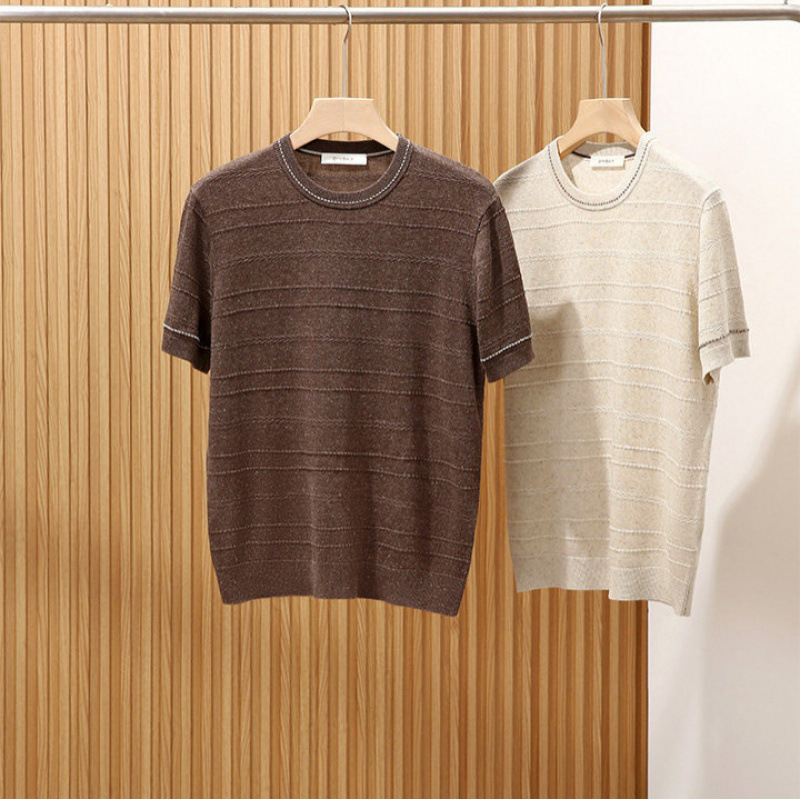 Tencel + Linen Summer Lightweight Knit T-Shirt for Men, Breathable and Skin-Friendly, Round Neck Short-Sleeved Business Casual Top