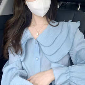 蓝色娃娃领雪纺衬衫女早春设计感小众荷叶边衬衣法式减龄漂亮小衫