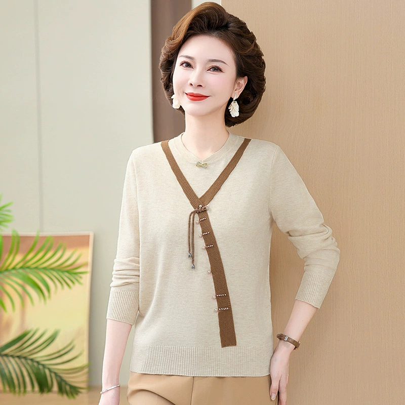 Новая китайская мама весенний вязаный топ 40 лет 50 средних лет женщины весной и осенью тонкий свитер свободного блузка