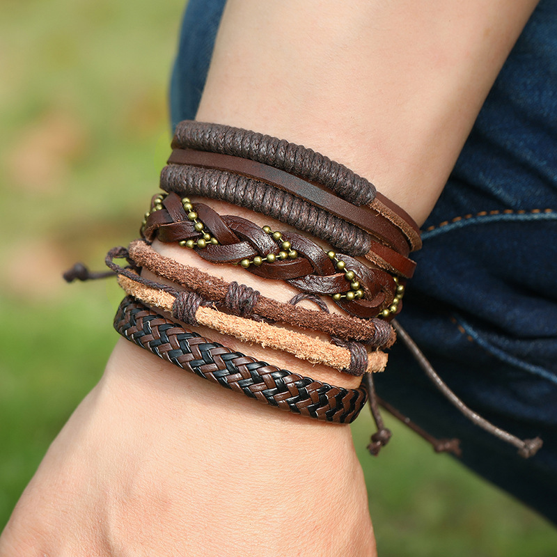 retro woven cowhide leather bracelet combination set
