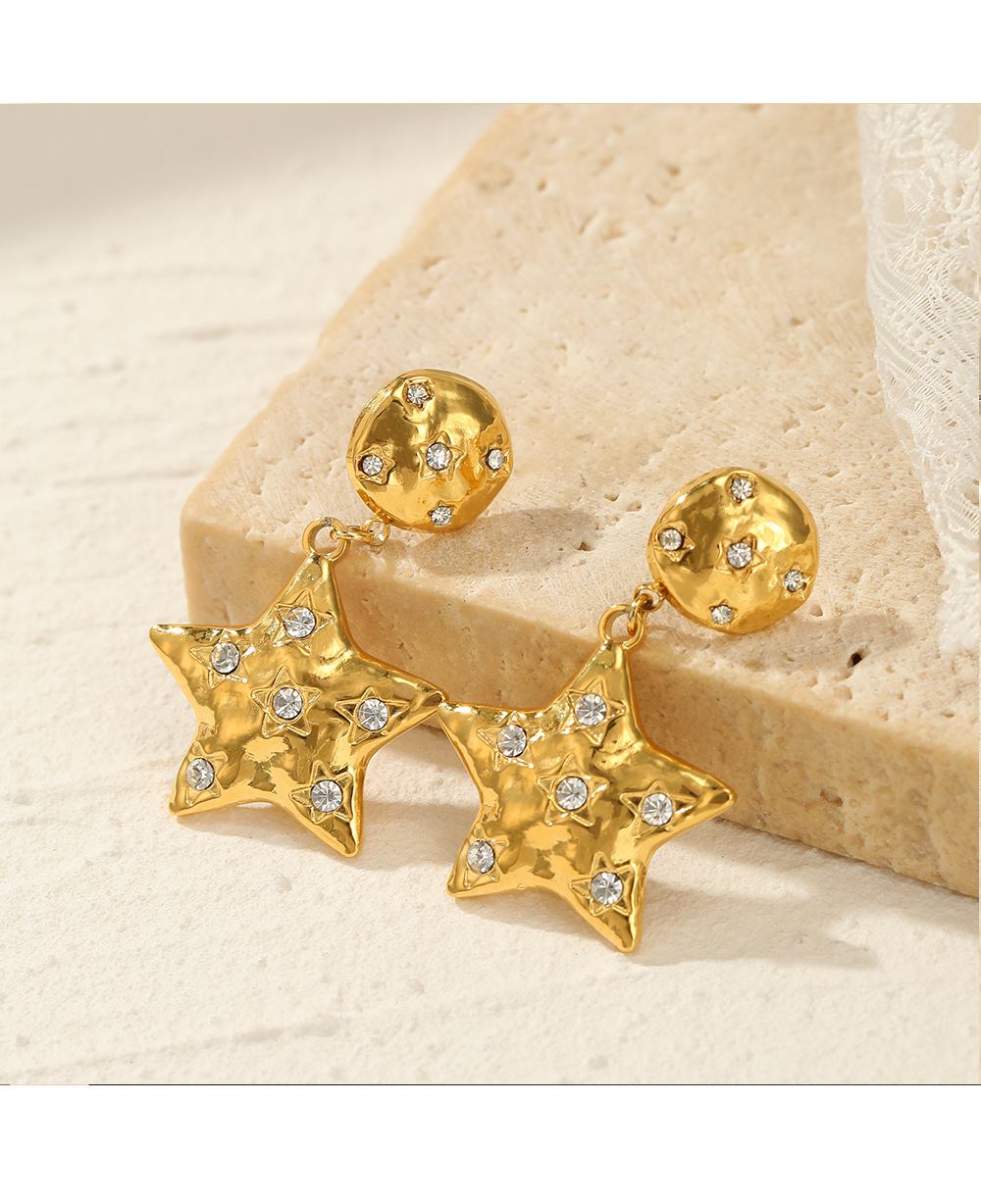 Hip-Hop Star Heart Shape Stainless Steel Inlay Rhinestones Drop Earrings 1 Pair