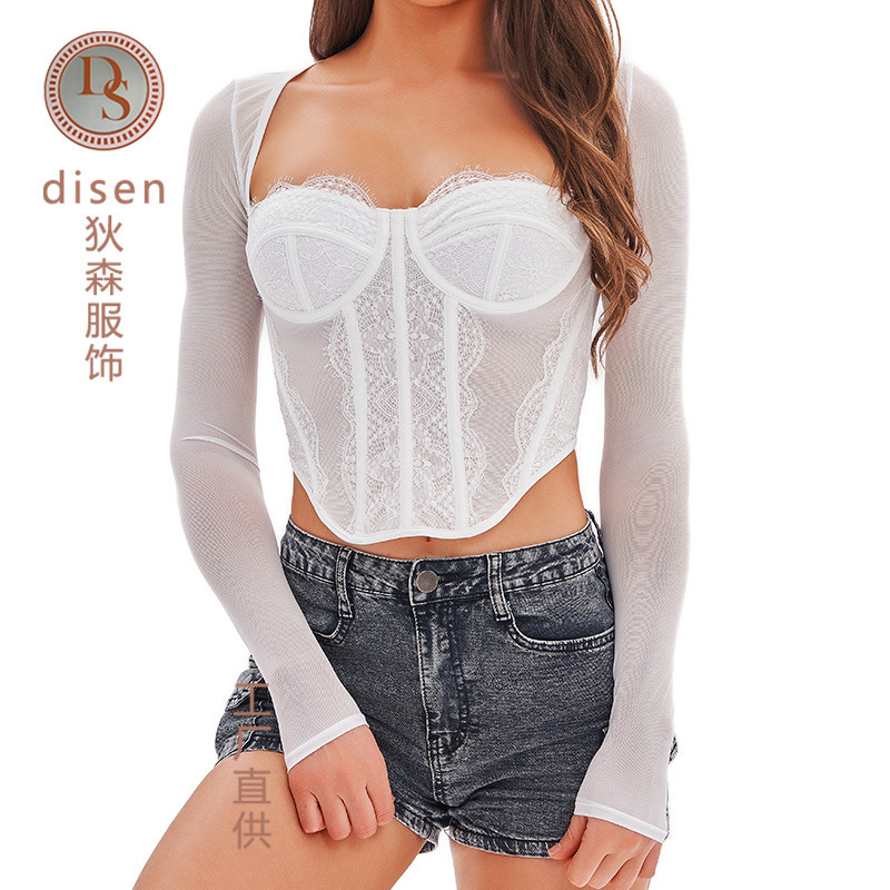 New European and American Cross-Border Steel Ring Slim Mesh Splicing Top Sexy Lace See-Through Long-Sleeved Fishbone Bra