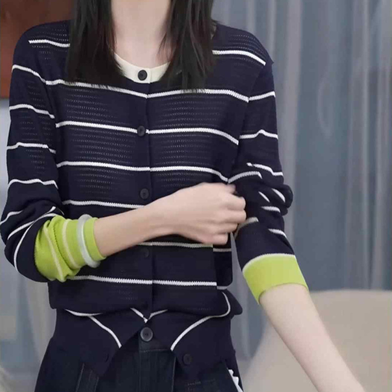 撞色条纹镂空长袖针织开衫女装早秋薄款韩系复古收腰显瘦通勤上衣|undefined