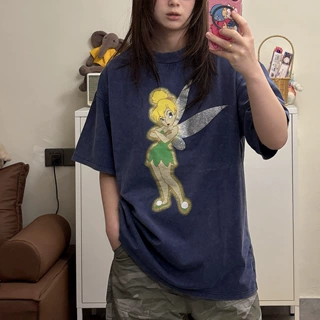 现货jennie同款精灵美式复古水洗做旧宽松os短袖卡通可爱上衣