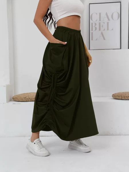 Cross-Border Women's Outdoor Pleated Long Skirt, European and American Hot Girl Style Half Skirt, Gothic Retro Punk Style Skirt with Drawstring, Unique Design