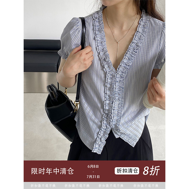 【Non-Returnable】Jiangzuo Korean-Style Striped Lace Shirt for Women, Summer 26, Pleated Waist-Cinching Top 6555 【Non-Returnable】Jiangzuo Korean-Style Striped Lace Shirt for Women, Summer 26, Pleated Waist-Cinching Top 6555