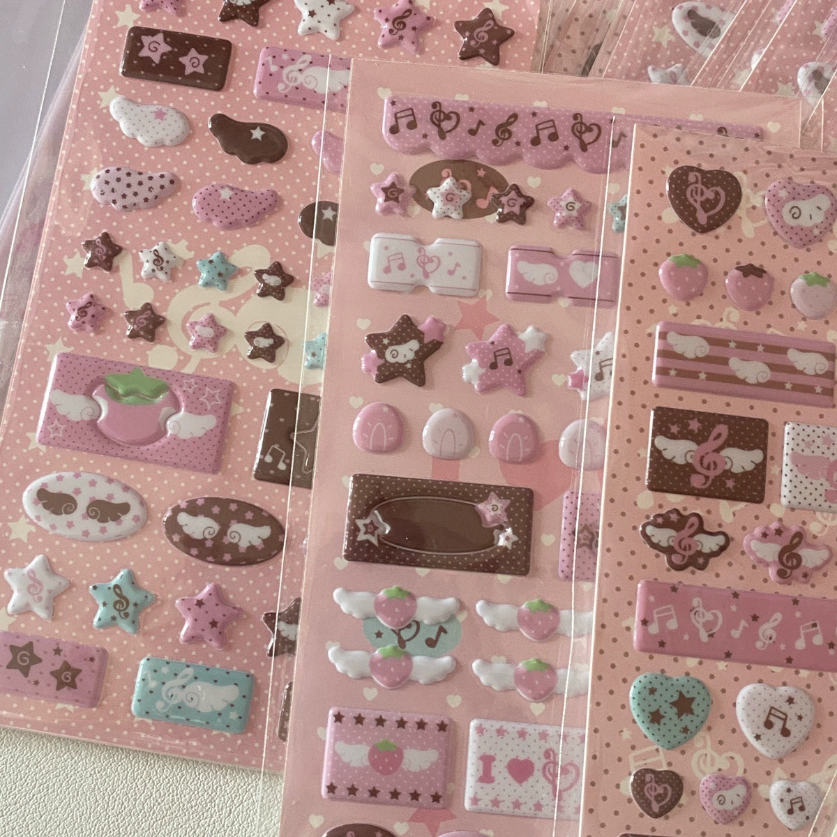 3D bubble sticker set, puffy music & wing note stickers, assorted pink designs