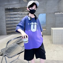 夏季新款儿童短袖短裤套装中小男童渐变色字母印花炫酷运动外穿装