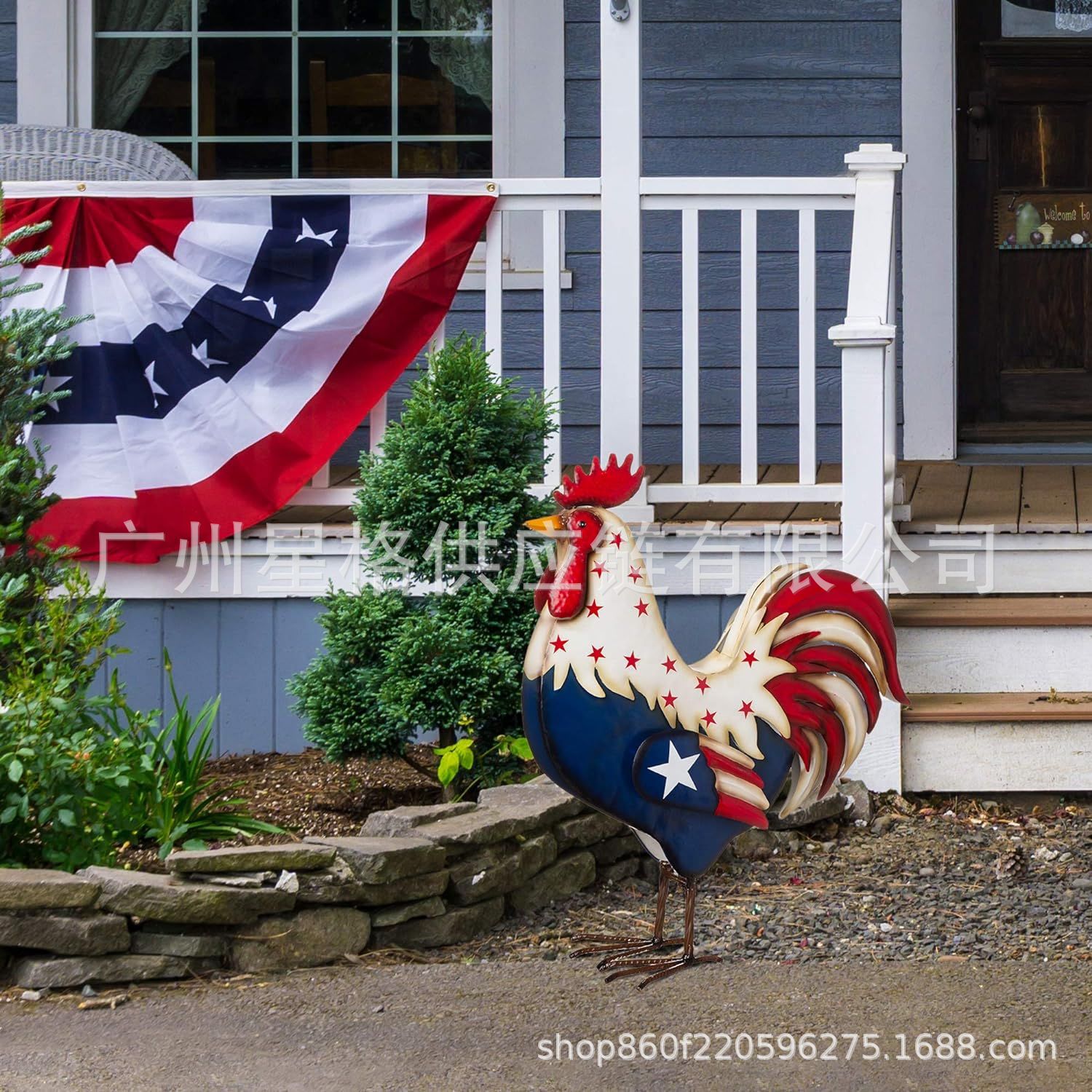 Metal Patriotic Rooster Statue独立日公鸡户外平面装饰地插摆件