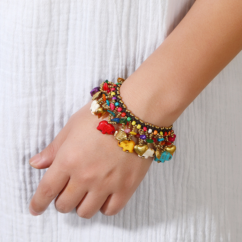 Hand-Woven Thai Ethnic Style Small Elephant Bracelet Bohemian Holiday Style Aanklet Xizang Style Outlaw Hand Rope for Women