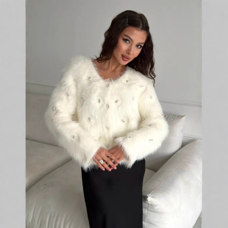 Amazon Cross-Border 2025 Winter New Style Short Imitation Mink Velvet Diamond Knitted Cardigan Amazon Cross-Border 2025 Winter New Style Short Imitation Mink Velvet Diamond Knitted Cardigan