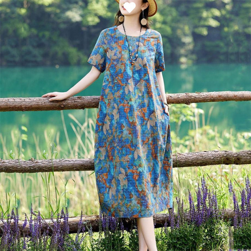 高级感棉麻连衣裙女夏新款时尚中老年妈妈气质宽松遮肚休闲直筒裙|undefined