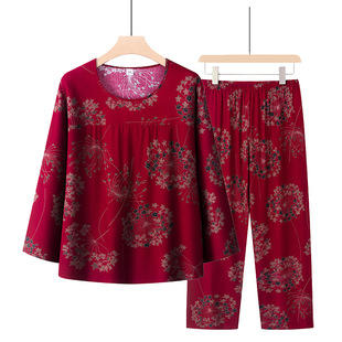 Middle-aged and Elderly Women's Long-sleeved Cotton Silk Pajamas Crewneck Mother-in-law Shirt Summer Grandma Old Lady Mother Clothes Home Two-piece Set