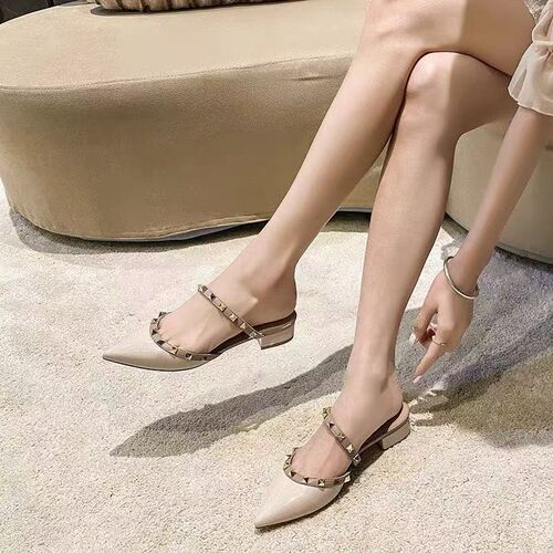Women's White Mesh Net Slip-On Sandals with Rivets, Pointed Toe, Flat Thick Heel, One-Piece Summer Slides, New Arrival