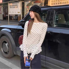 甜美风白色波点长袖T恤女春季气质减龄荷叶边打底衫显瘦内搭上衣