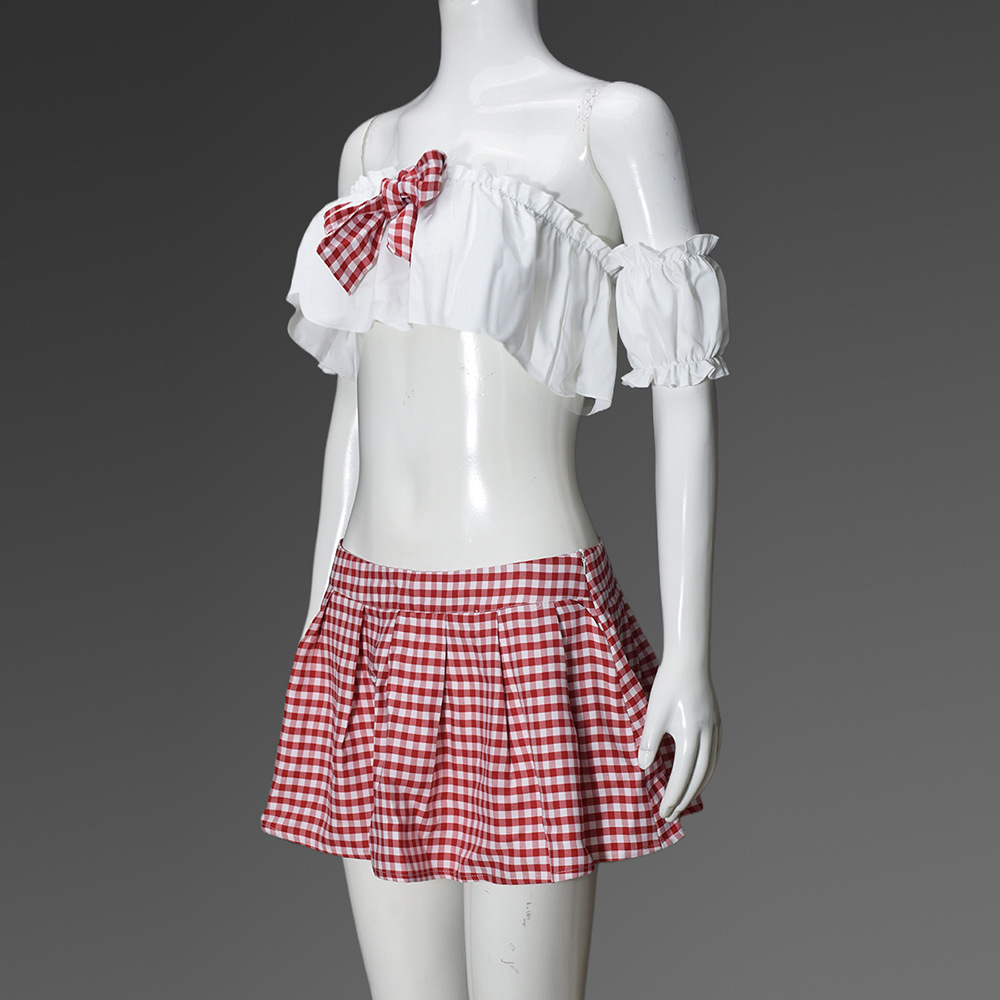 Sexy Cutout Plaid Chest-Wrapped Separated Sleeves Pleated Skirt Women Clothing