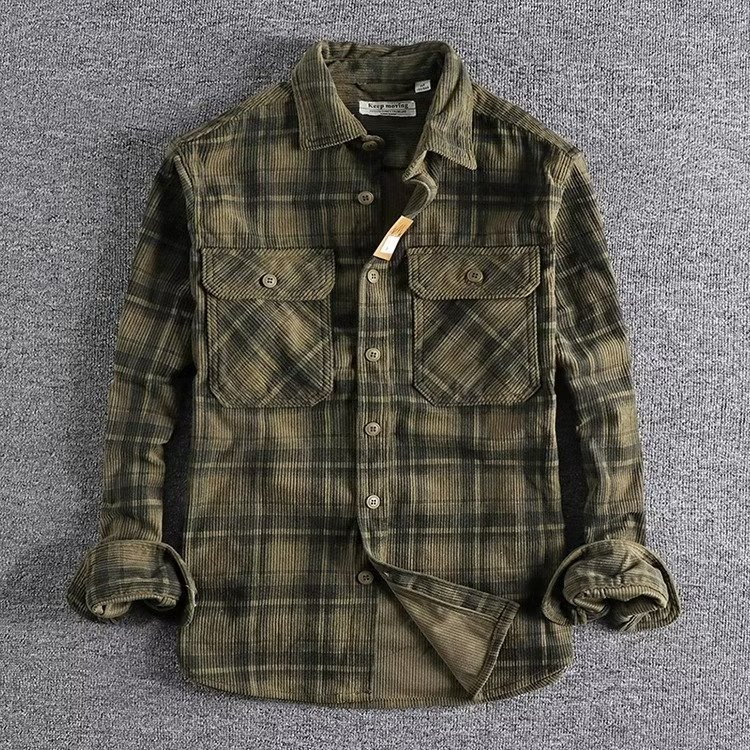 High-end, heavyweight, thick workwear plaid shirt for men, corduroy plaid, cool and stylish long-sleeved shirt, thick coat for men.