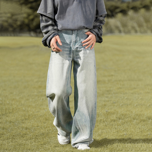 3D Cat Ear Distressed Washed Denim Pants Men's Autumn New High Street Retro Straight Leg Trousers Trendy Brand Loose Long Pants