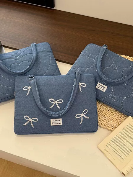Customized new trendy washed denim shoulder tote bag with cute embroidery, suitable for carrying a laptop