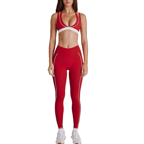 Cross-border false two-piece contrasting white striped running fitness shorts V-neck shoulder strap sports bra workout set yoga outfit