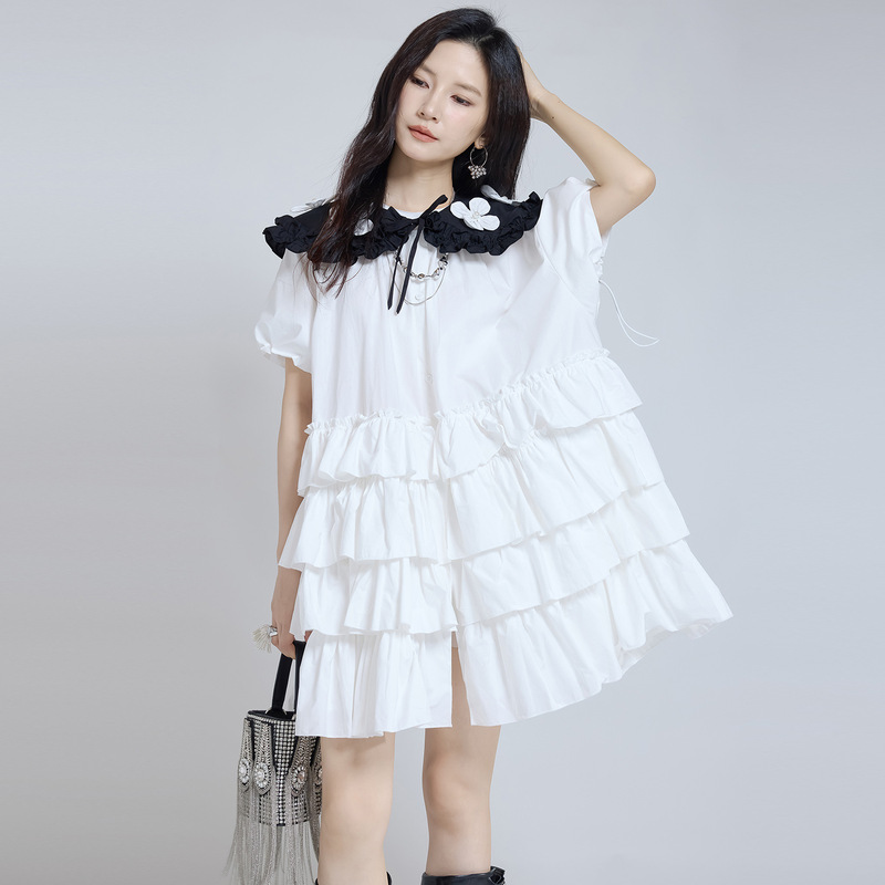 【Snowflake Ripple】Niche Design Puff Sleeve Layered Ruffle Loose-Fitting Shirt Dress Puffy Skirt Dress 【Snowflake Ripple】Niche Design Puff Sleeve Layered Ruffle Loose-Fitting Shirt Dress Puffy Skirt Dress