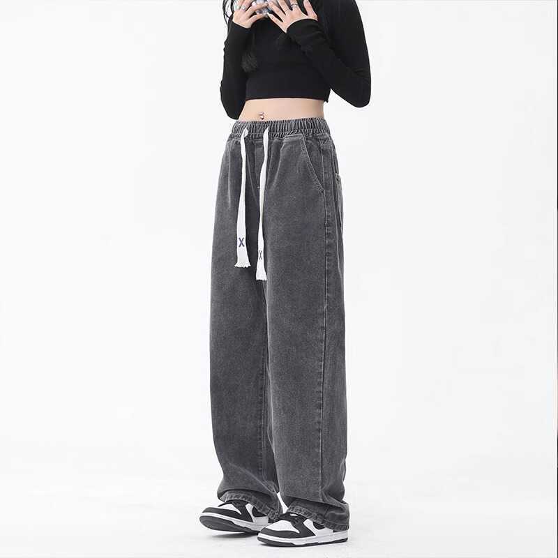 Small gray drawstring jeans women's elastic waist slimming casual loose wide leg straight lazy style pants autumn