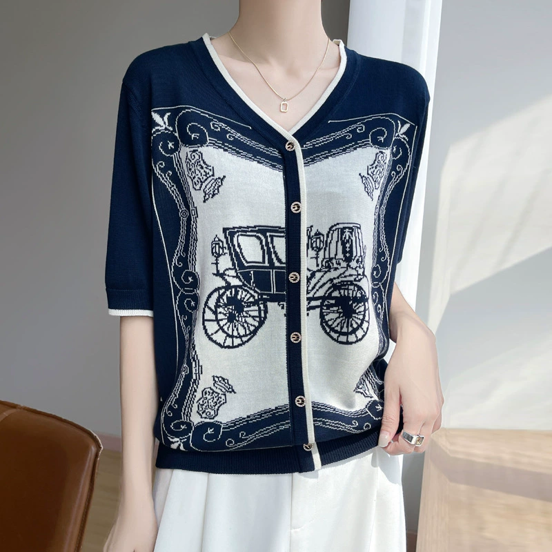 Tencel Lyocell Корейский стиль, цветной вязаный кардиган с короткими рукавами, новый летний высококачественный жаккардовый свободный и универсальный топ