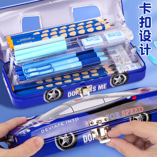 Multi-functional car-shaped iron large-capacity machine with lock stationery box for primary school students children and boys cool pen box