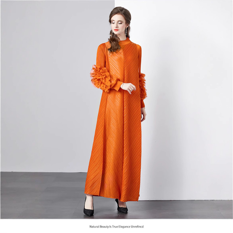 Miyake Pleated Solid Color dress Women's Niche Light Mature Three-dimensional Flower Loose Slimming European and American Style Long Dress Miyake Pleated Solid Color dress Women's Niche Light Mature Three-dimensional Flower Loose Slimming European and American Style Long Dress