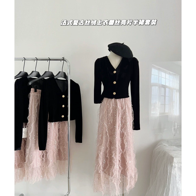 Настоящий снимок в наличии винтажный бархатный топ кружевная юбка с пайетками зимний женский
