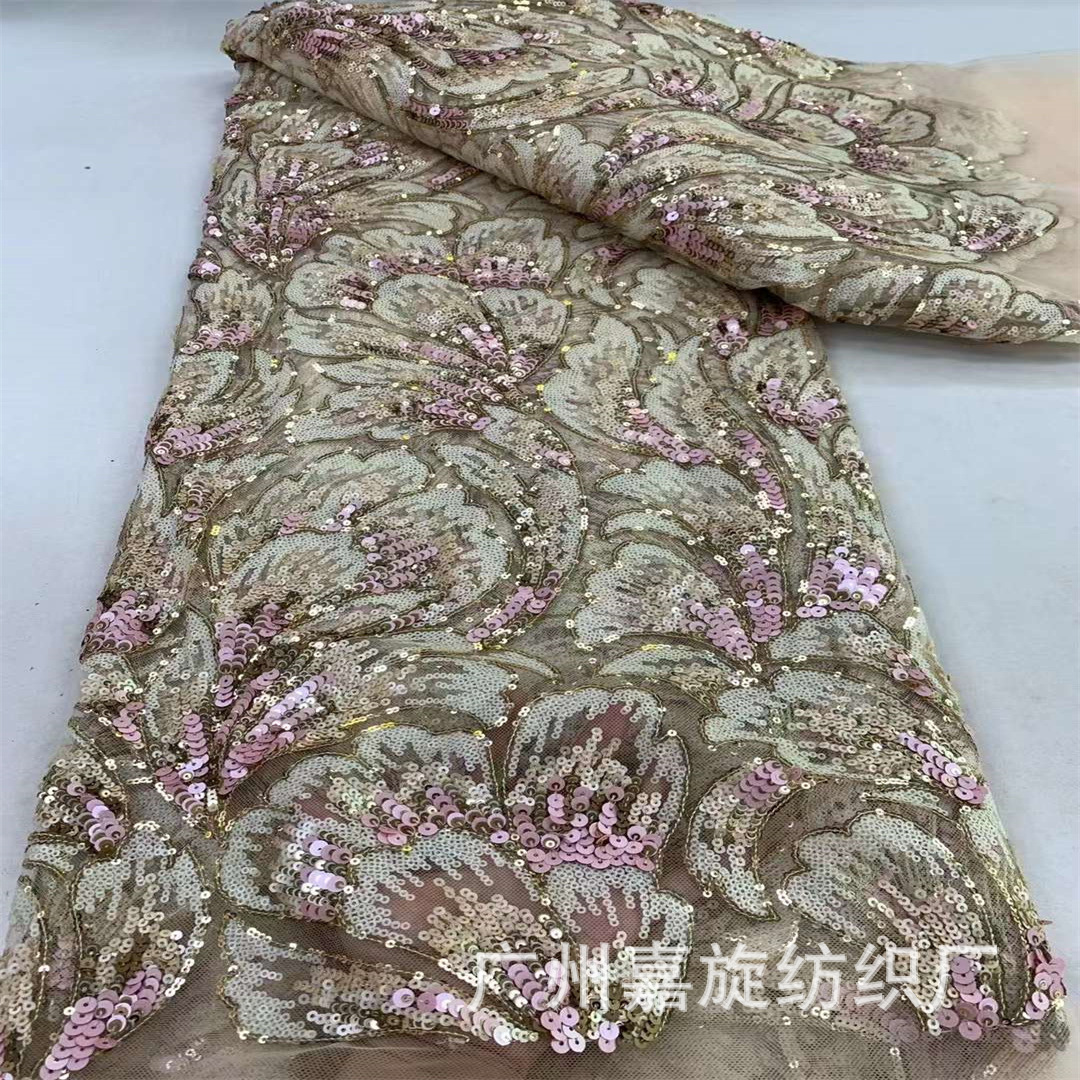 Moda estilo étnico posicionamiento flor lentejuelas bordado vestido de encaje africano vestido de escenario de boda tela de encaje
